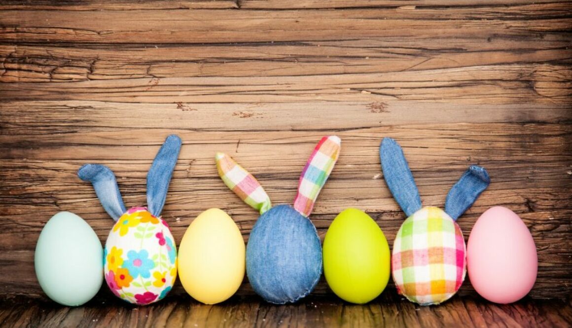 Easter eggs on wooden table background